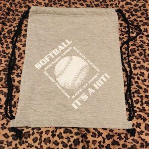 NWOT Softball themed ash grey drawstring bag